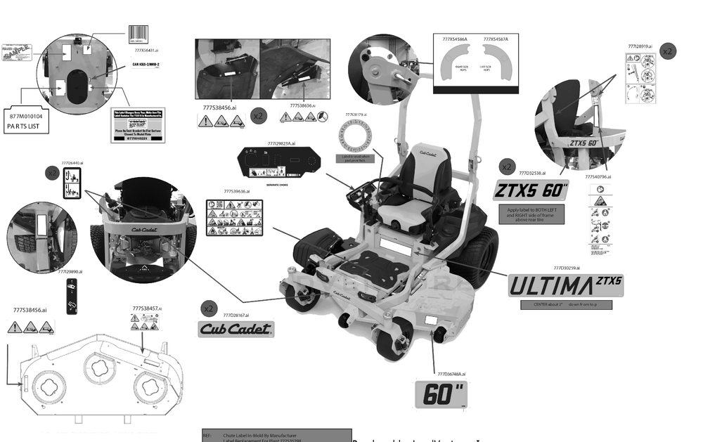 Label Map Diagram and Parts List for ZTX5-60KW (47RKAAA8A10)(2023) Cub Cadet Lawn Tractor